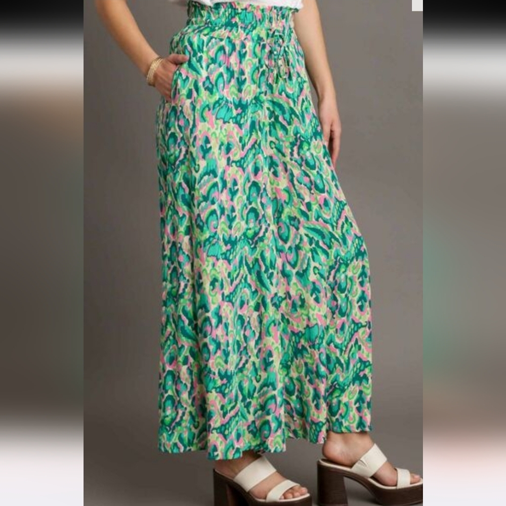 Umgee Pink Green Mixed Print High Waist Wide Leg Pants - Size: L NWT - Picture 3 of 4